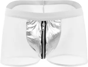 JEsilunmaMY Men's Zip Pouch Boxer Briefs Mid Waist Mesh Sheer Leather Underwear See Through Breathable Shorts Boxer Lingerie