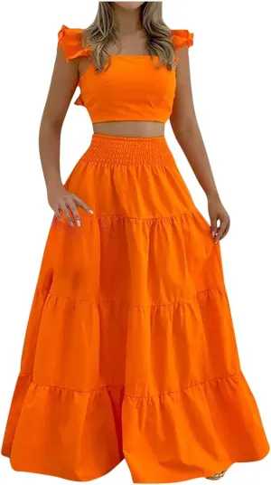 JOAU Women's 2 Piece Outfits Ruffle Spaghetti Strap Crop Top Elastic Waist Pleated A-Line Flowy Tiered Long Skirt Dress Sets