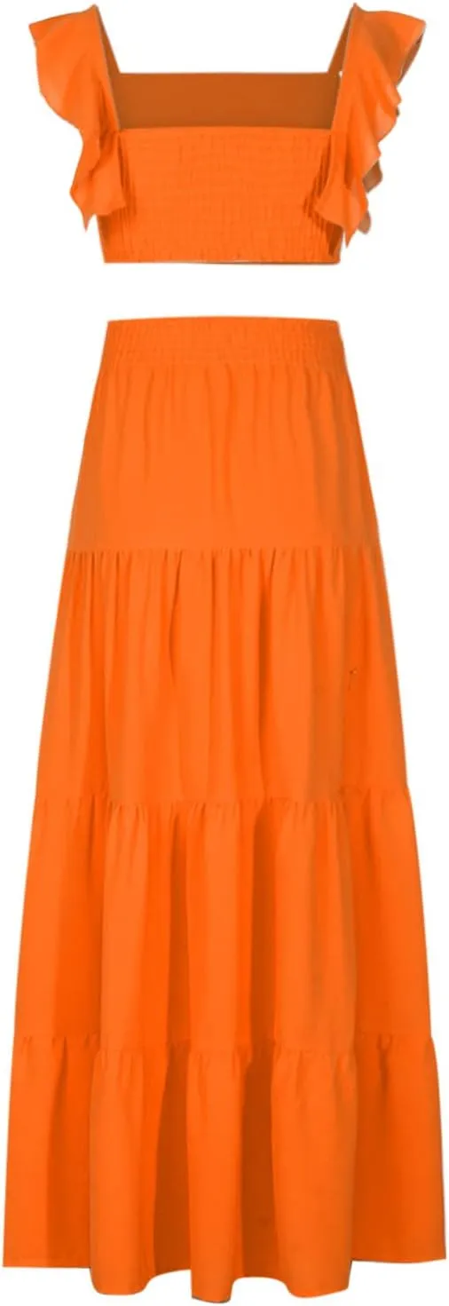 JOAU Women's 2 Piece Outfits Ruffle Spaghetti Strap Crop Top Elastic Waist Pleated A-Line Flowy Tiered Long Skirt Dress Sets