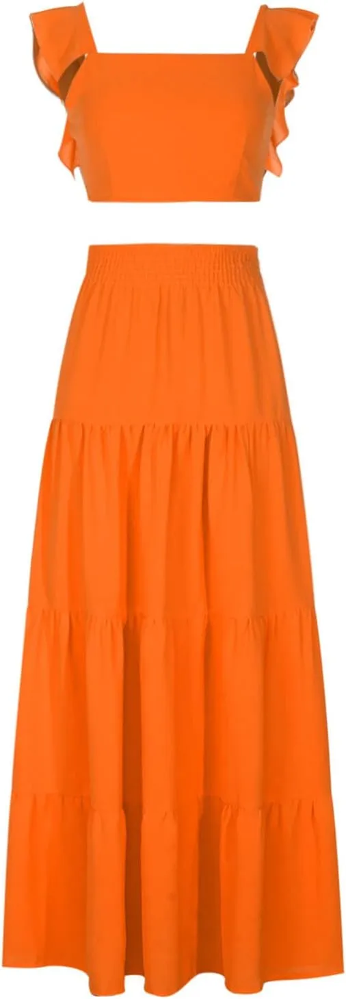JOAU Women's 2 Piece Outfits Ruffle Spaghetti Strap Crop Top Elastic Waist Pleated A-Line Flowy Tiered Long Skirt Dress Sets