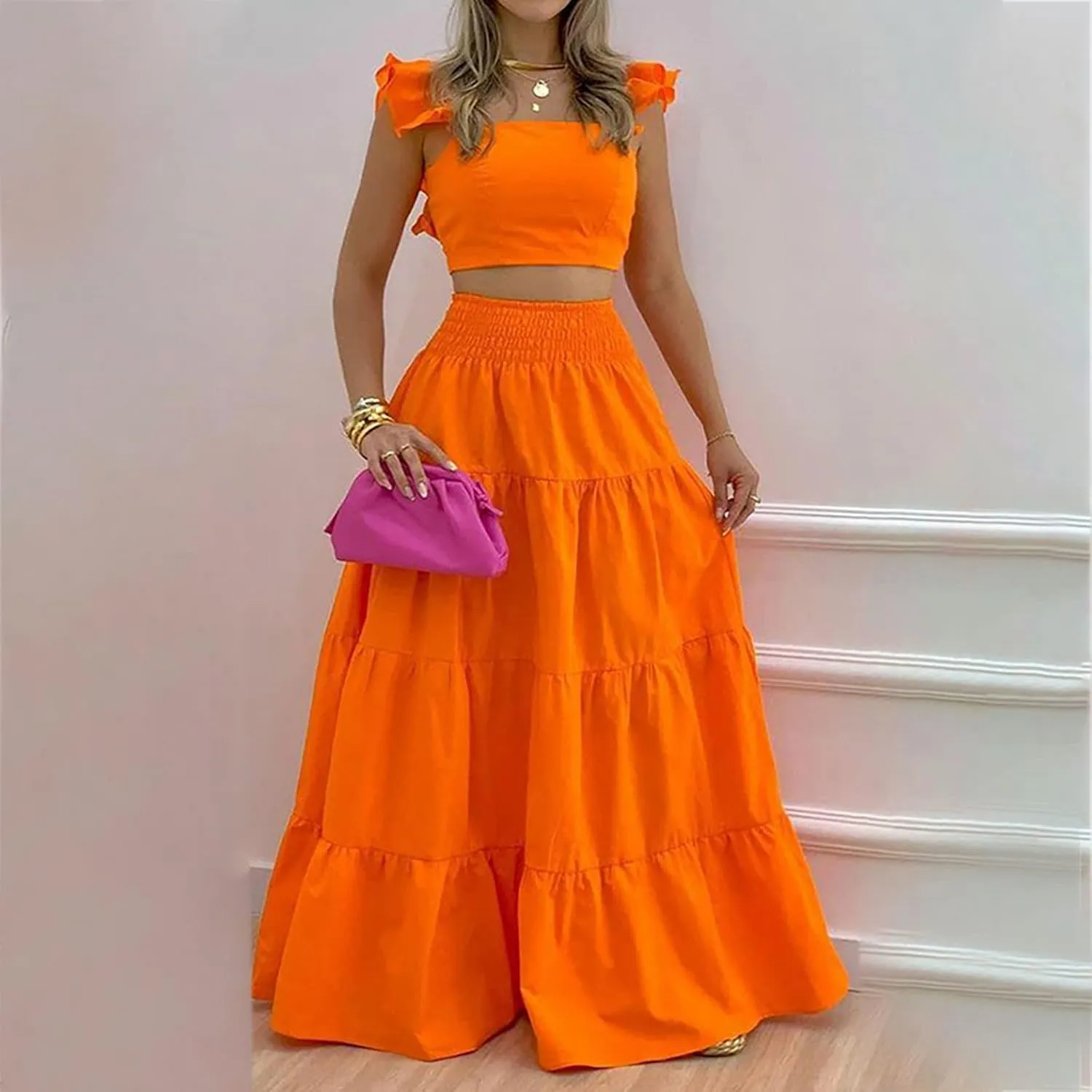 JOAU Women's 2 Piece Outfits Ruffle Spaghetti Strap Crop Top Elastic Waist Pleated A-Line Flowy Tiered Long Skirt Dress Sets