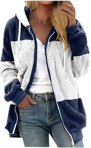 jovati Fleece Jacket Women Zip Up Color Block Hoodie Sweatshirts Long Sleeve Cardigan Fall Clothes 2023 Loose Fit Sweater