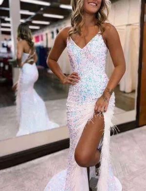 Kadrina |Mermaid V Neck Sequins Long Prom Dress with Slit