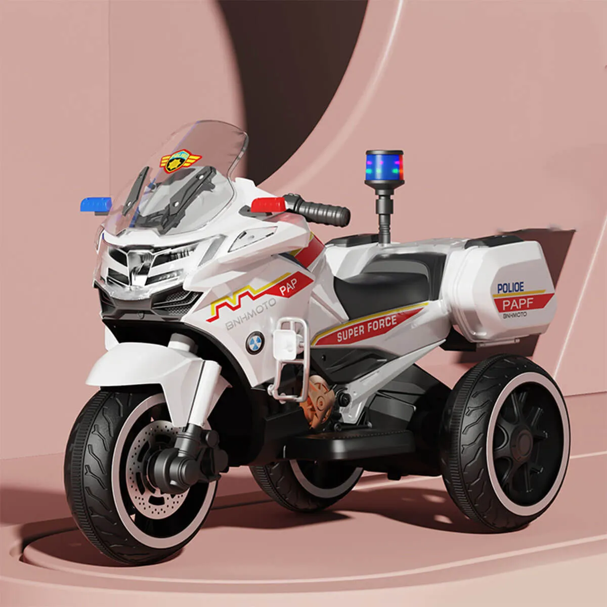 Kids Electric Motorcycle 3 Wheels Police Car Dual Drive With Double Storage Boxes For Boys & Girls