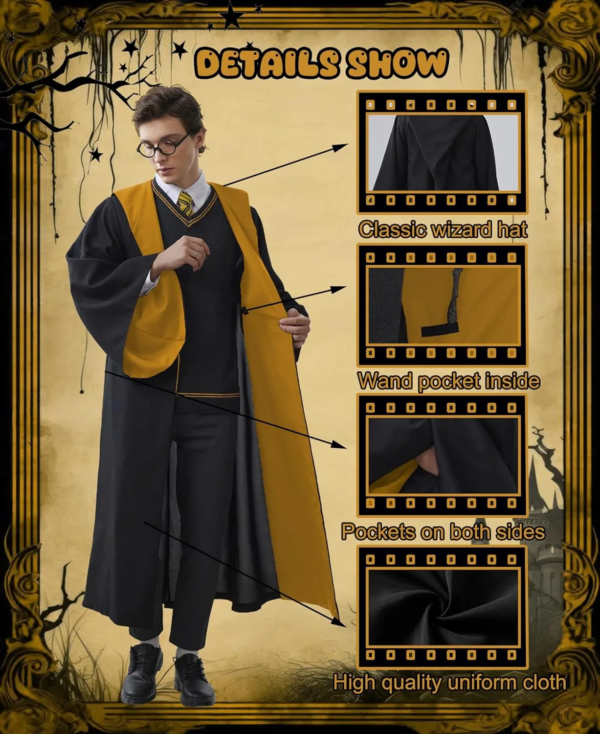 Kidukso Wizard Robe Adult Wizard Cloak with Tie Unisex Wizard Costume Hooded Uniform Magical Witch Robe Cloak Cape