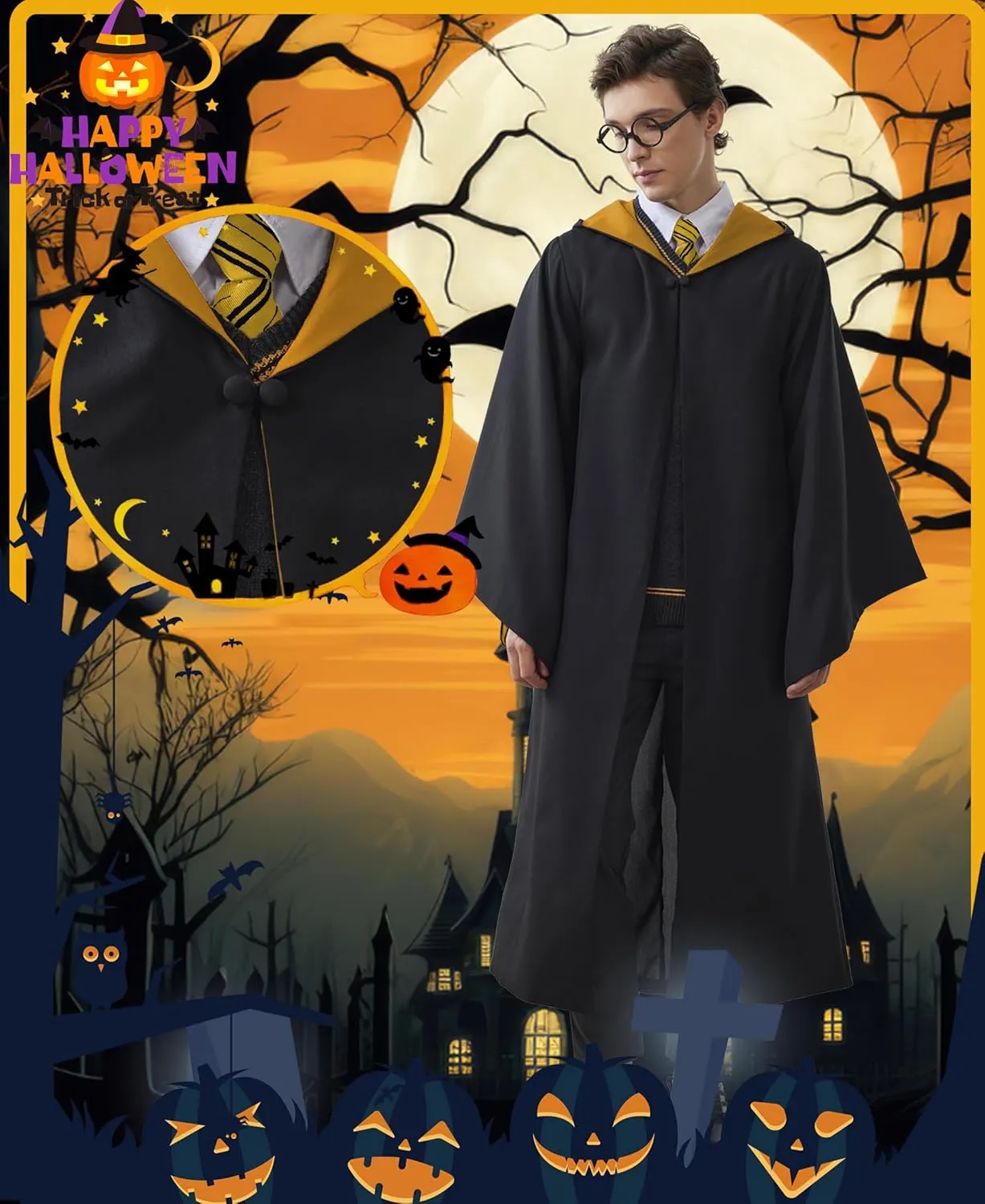 Kidukso Wizard Robe Adult Wizard Cloak with Tie Unisex Wizard Costume Hooded Uniform Magical Witch Robe Cloak Cape