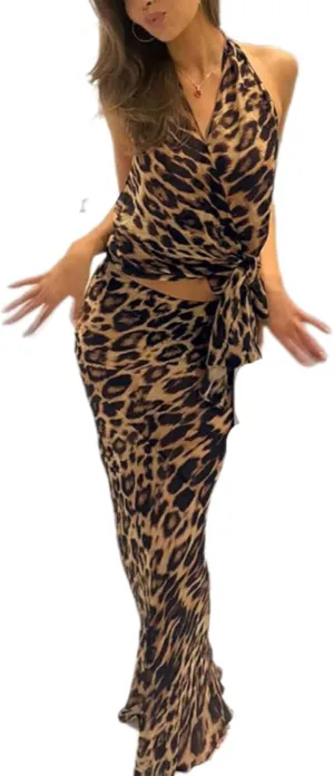 ksotutm Leopard Print Womens 2 Piece Outfits Lace Up Halter Top Maxi Skirt Set Going Out Outfits for Women Streetwear