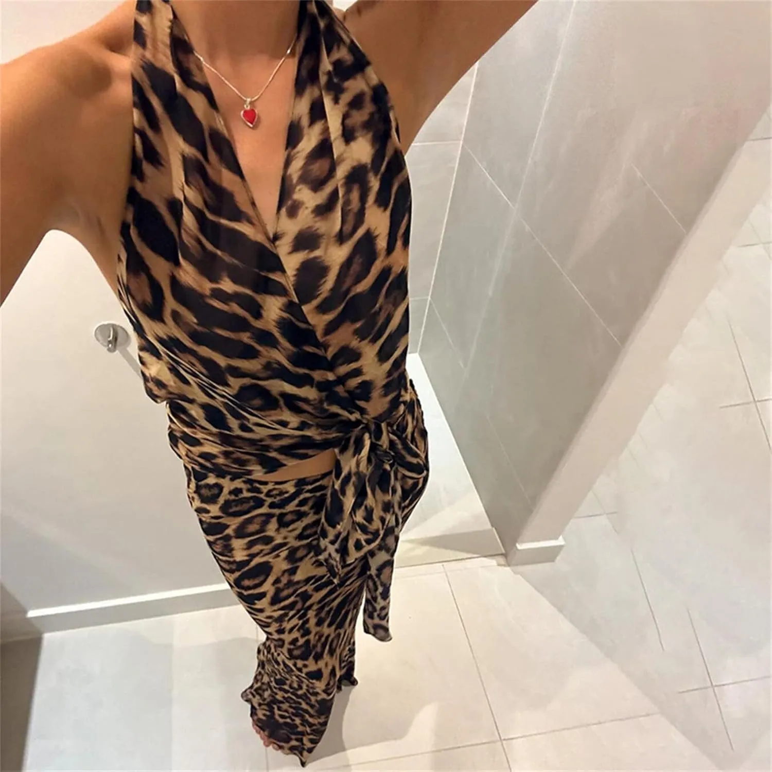 ksotutm Leopard Print Womens 2 Piece Outfits Lace Up Halter Top Maxi Skirt Set Going Out Outfits for Women Streetwear