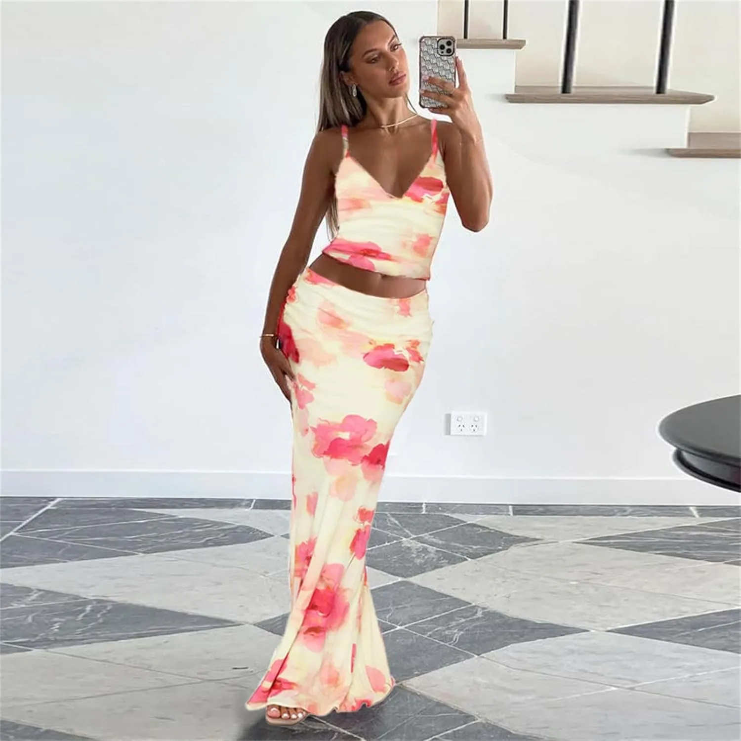 ksotutm Maxi Skirt Set Floral Print Halter Top Maxi Skirt Sexy Going Out Outfits for Women