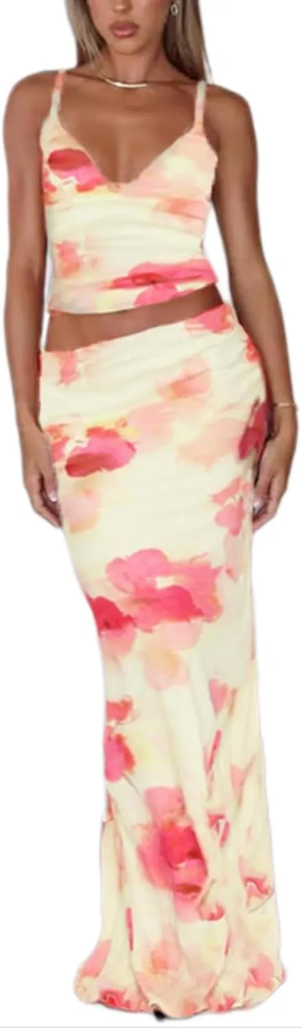 ksotutm Maxi Skirt Set Floral Print Halter Top Maxi Skirt Sexy Going Out Outfits for Women