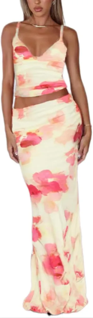 ksotutm Maxi Skirt Set Floral Print Halter Top Maxi Skirt Sexy Going Out Outfits for Women