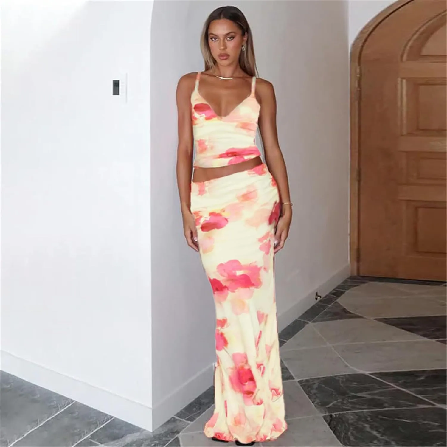 ksotutm Maxi Skirt Set Floral Print Halter Top Maxi Skirt Sexy Going Out Outfits for Women