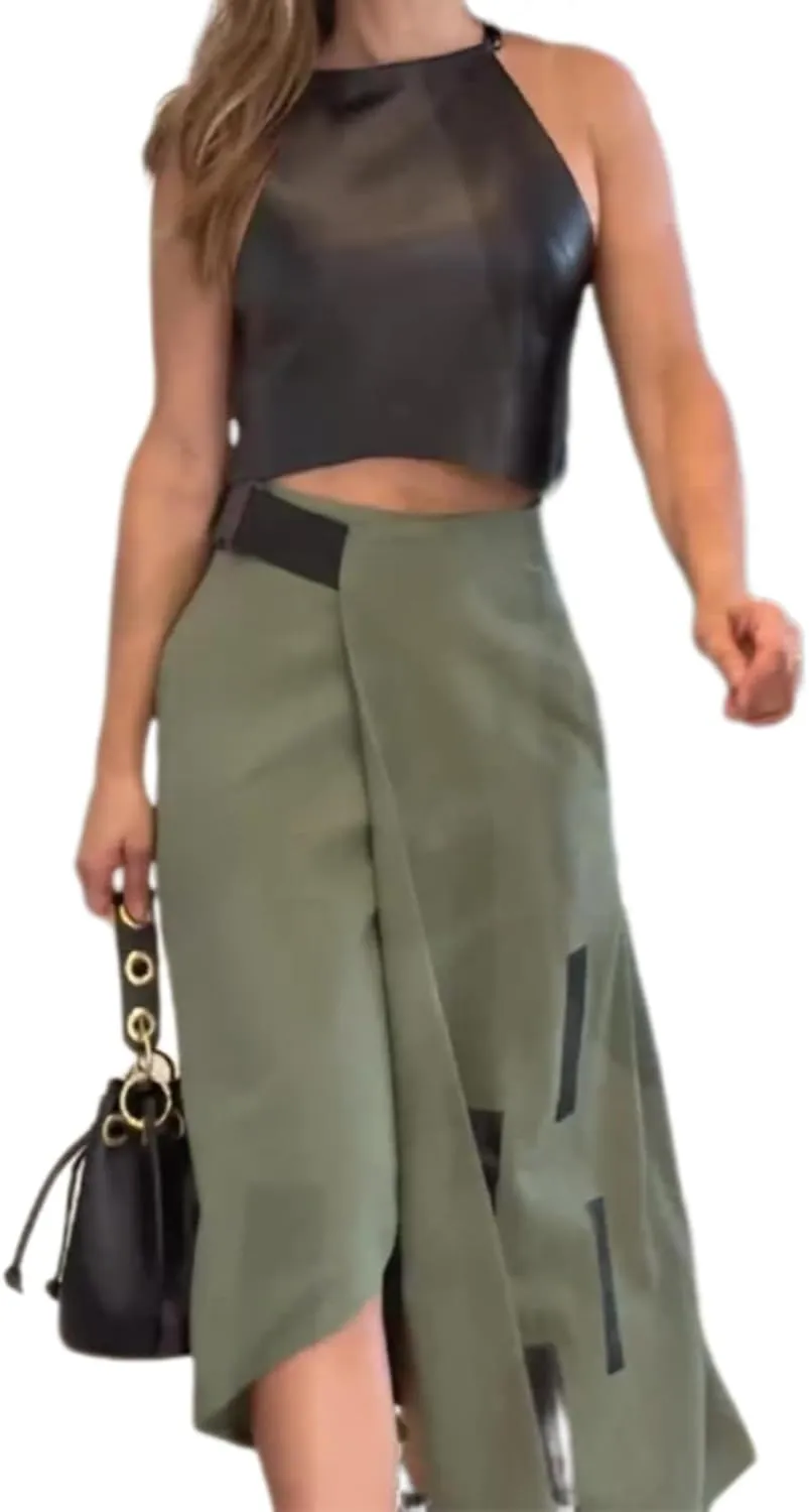 ksotutm Womens 2 Piece Outfits for Women PU Leather Tank Top Cargo Long Skirt Going Out Outfits