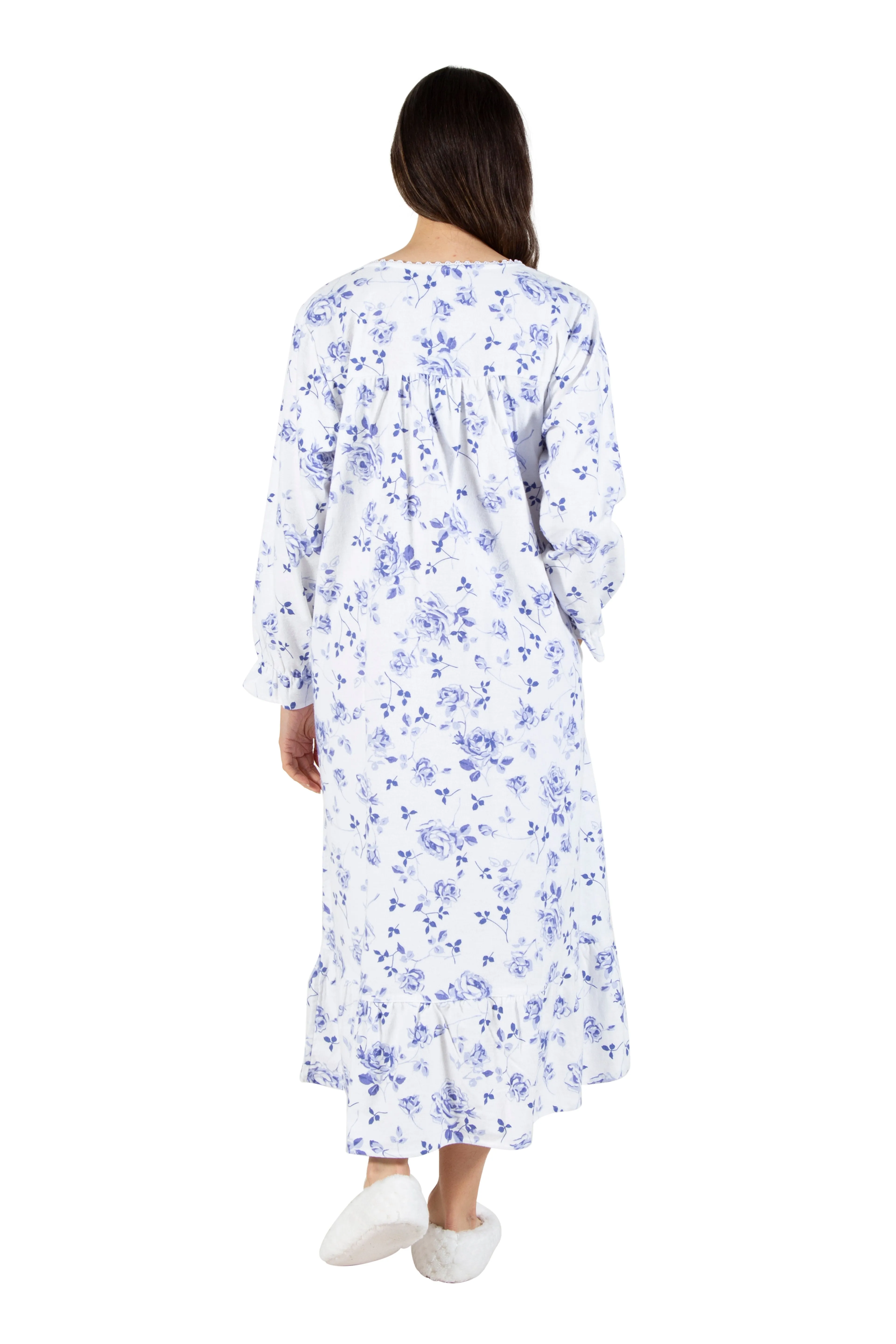 La Cera Porcelain Blue Floral Flannel Gown