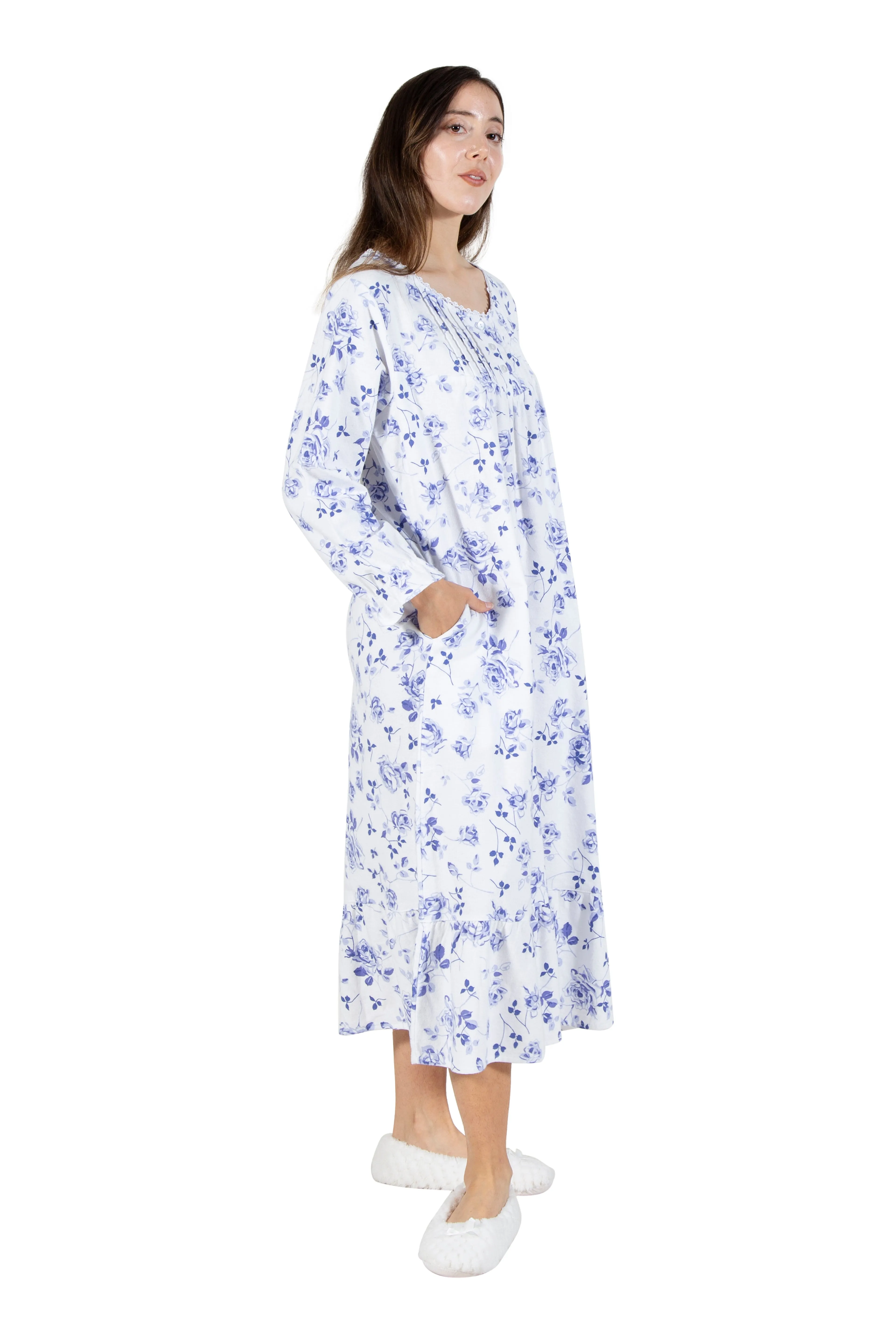 La Cera Porcelain Blue Floral Flannel Gown