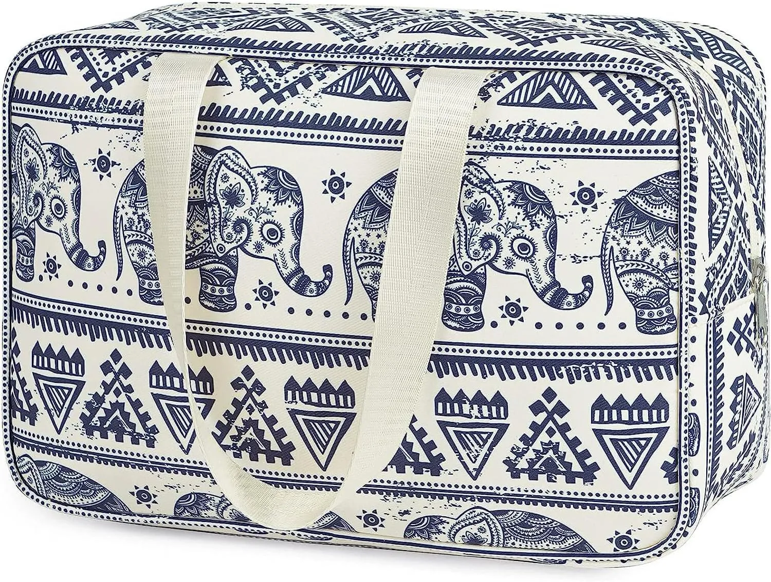Large Patterned Travel Toiletry Bag, Decorative Print Designs, Cotton Canvas with Handles, 5 Styles (Beige Elephant)