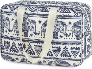 Large Patterned Travel Toiletry Bag, Decorative Print Designs, Cotton Canvas with Handles, 5 Styles (Beige Elephant)