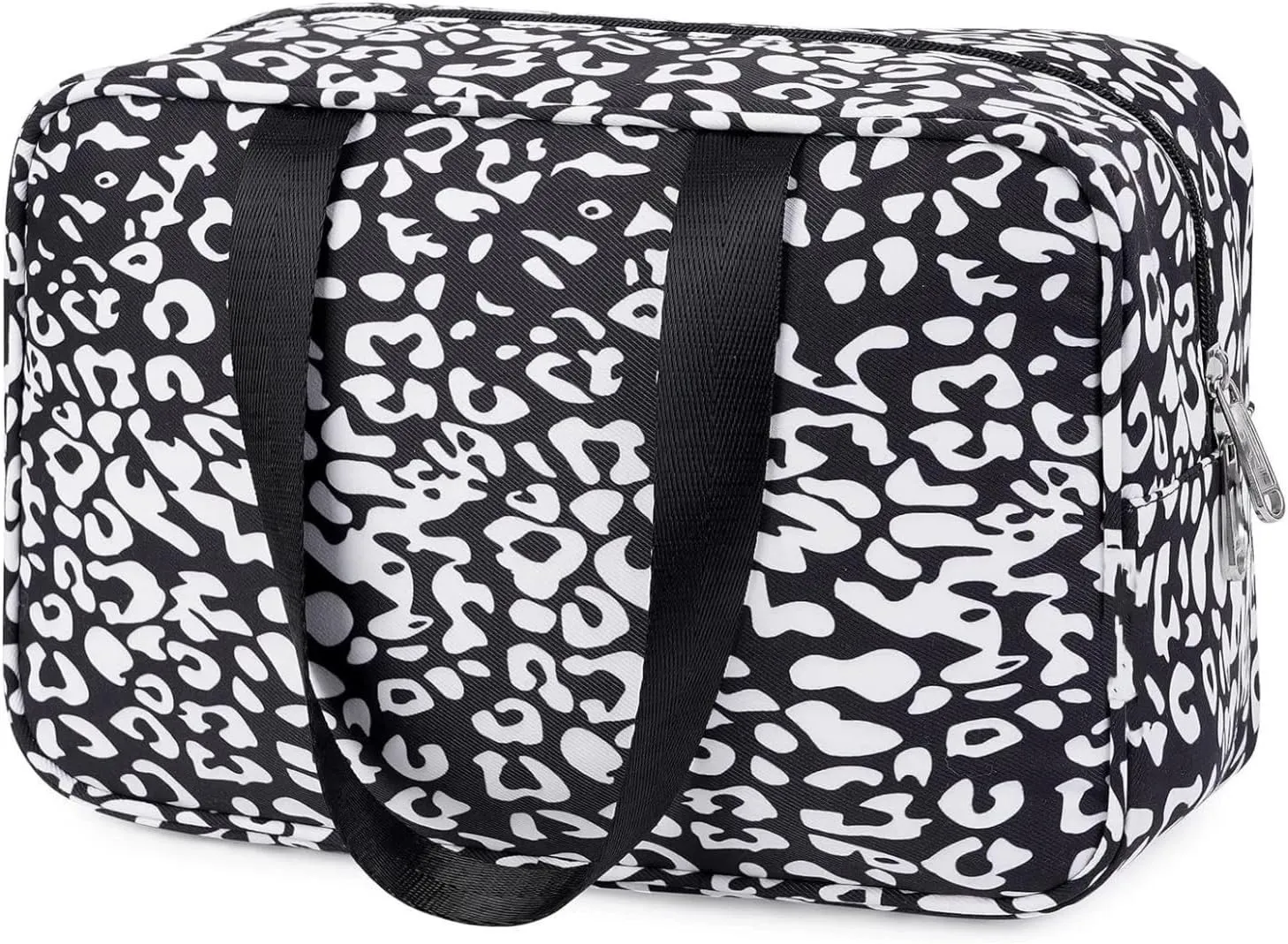 Large Patterned Travel Toiletry Bag, Decorative Print Designs, Cotton Canvas with Handles, 5 Styles (Black leopard print)
