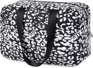 Large Patterned Travel Toiletry Bag, Decorative Print Designs, Cotton Canvas with Handles, 5 Styles (Black leopard print)