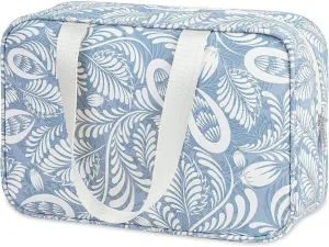 Large Patterned Travel Toiletry Bag, Decorative Print Designs, Cotton Canvas with Handles, 5 Styles (Blue leaves)