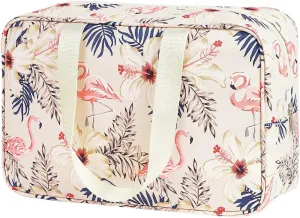 Large Patterned Travel Toiletry Bag, Decorative Print Designs, Cotton Canvas with Handles, 5 Styles (Pink Flamingos)