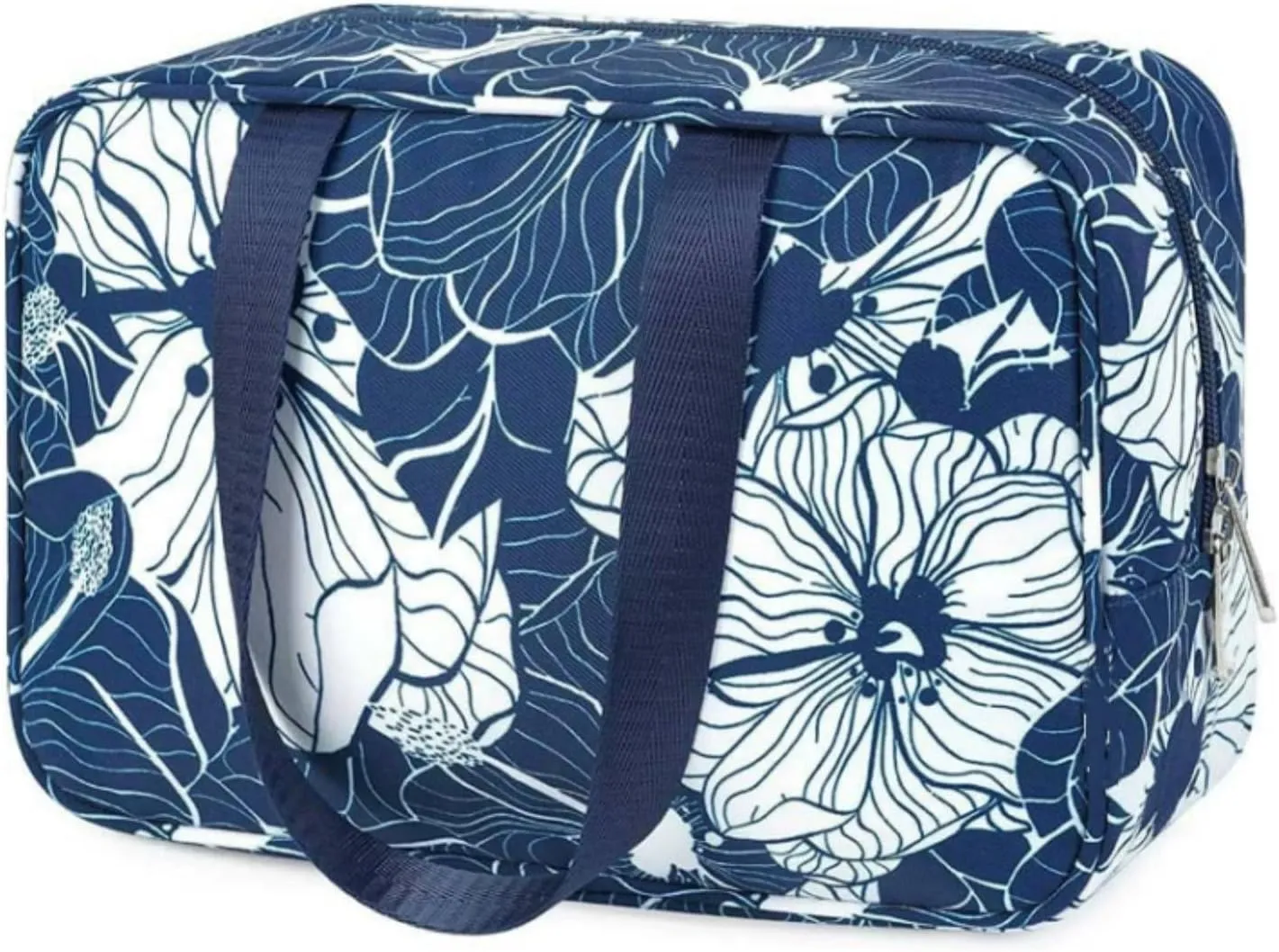 Large Patterned Travel Toiletry Bag, Decorative Print Designs, Cotton Canvas with Handles, 5 Styles (Tibetan blue lotus)