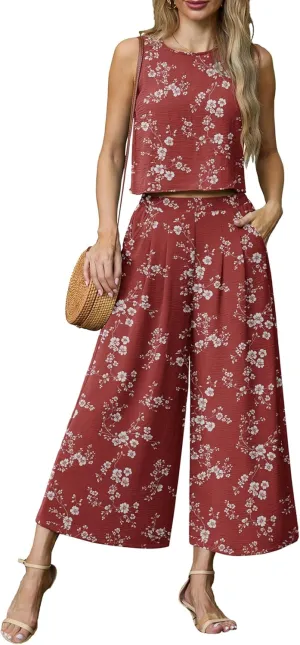 Lepunuo Womens Summer 2 Piece Outfits Sleeveless Crop Top Flowy Wide Leg Pants Matching Sets Vacation Beach Travel Outfits