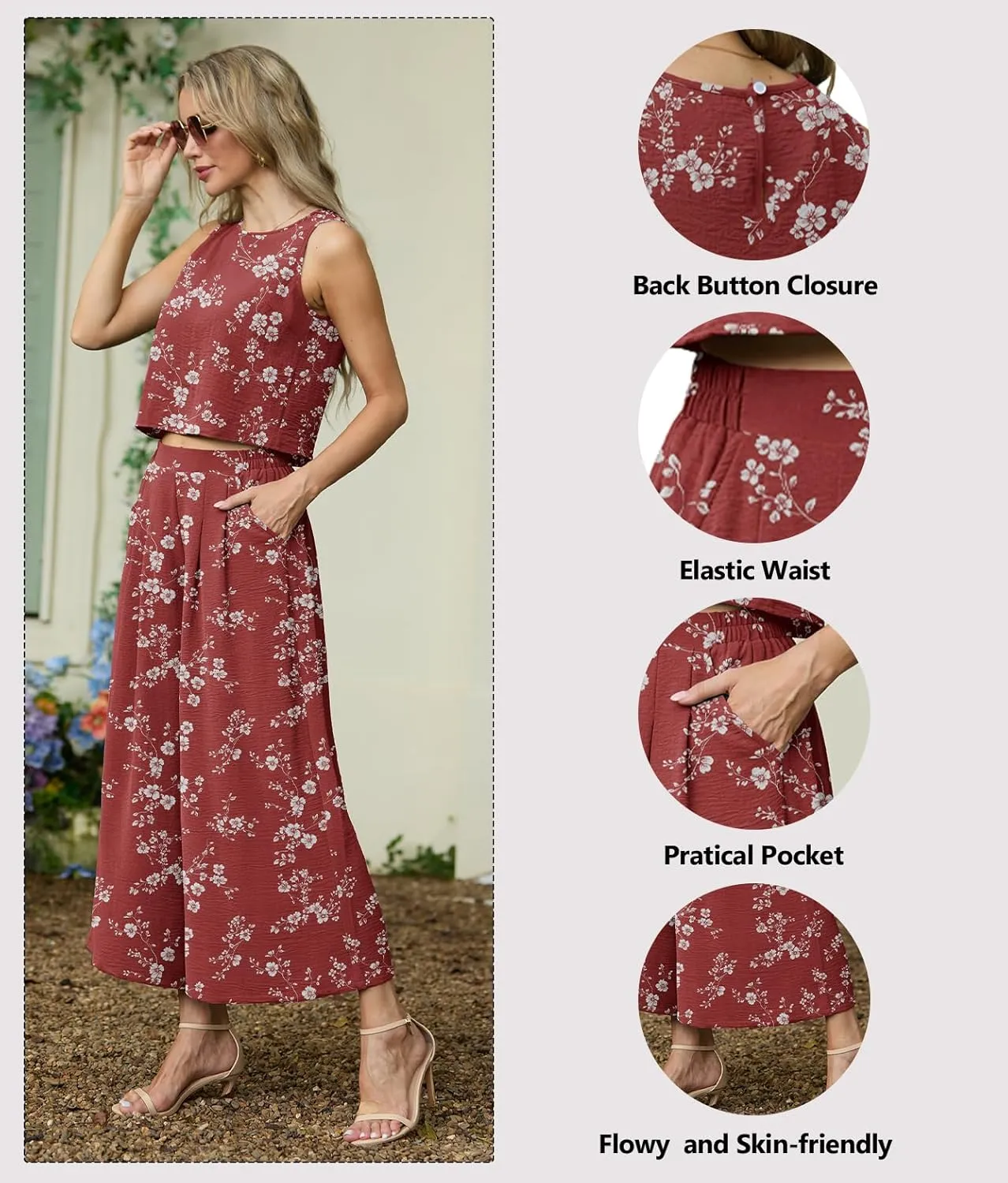 Lepunuo Womens Summer 2 Piece Outfits Sleeveless Crop Top Flowy Wide Leg Pants Matching Sets Vacation Beach Travel Outfits