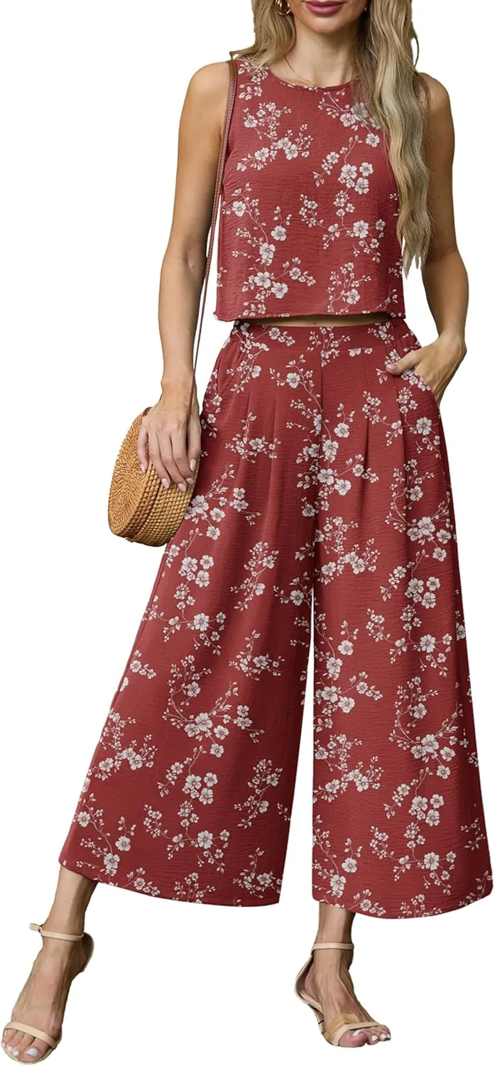 Lepunuo Womens Summer 2 Piece Outfits Sleeveless Crop Top Flowy Wide Leg Pants Matching Sets Vacation Beach Travel Outfits