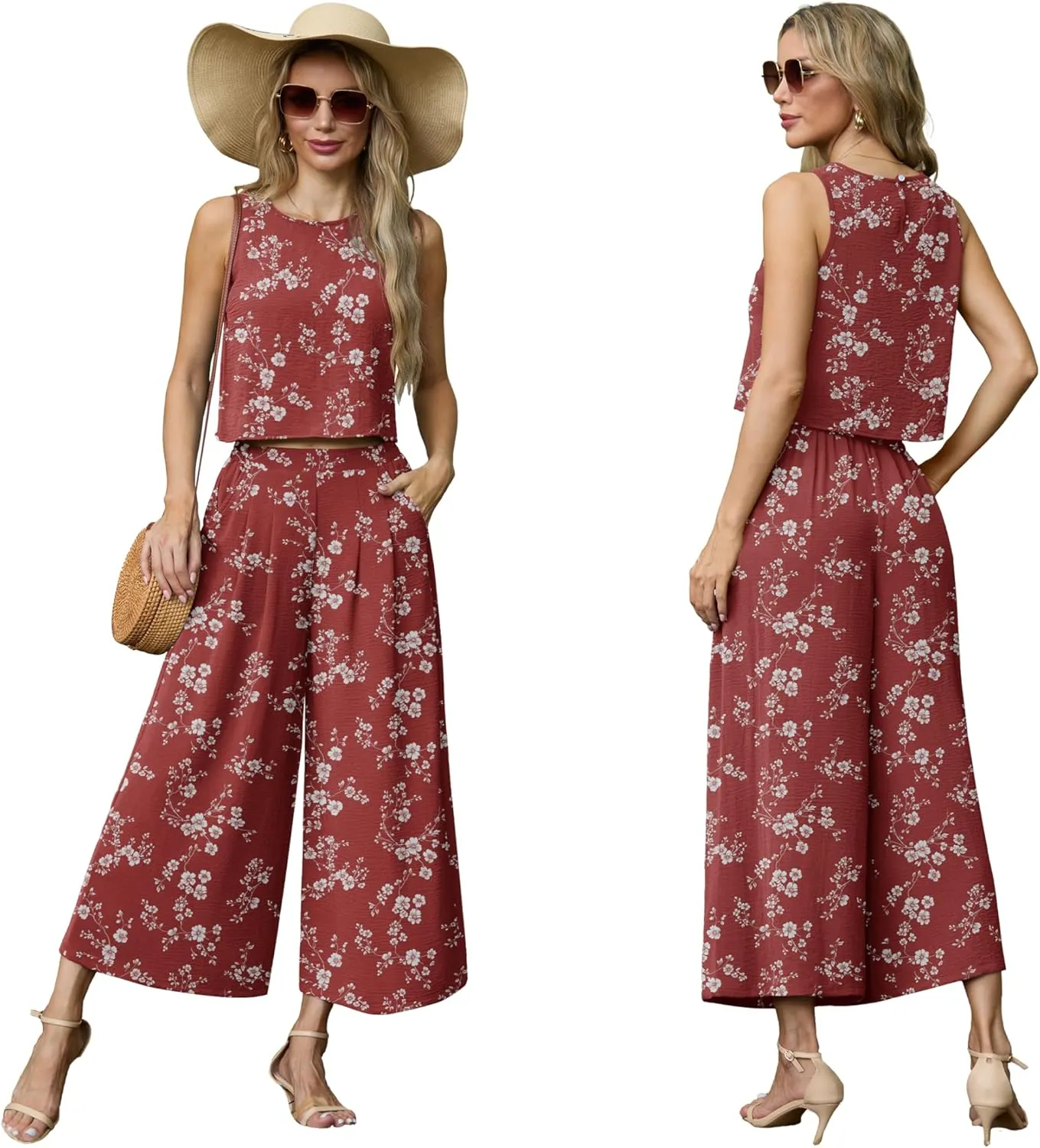 Lepunuo Womens Summer 2 Piece Outfits Sleeveless Crop Top Flowy Wide Leg Pants Matching Sets Vacation Beach Travel Outfits