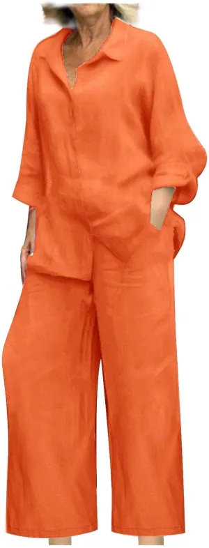 Linen 2 Piece Sets For Women Summer 2024 Loose Long Sleeve Shirts Wide Leg Pant Matching Set Plus Size Vacation Outfits