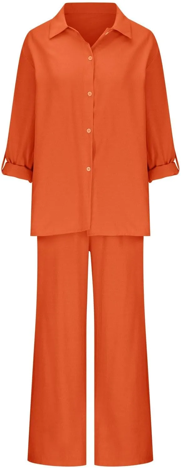 Linen 2 Piece Sets For Women Summer 2024 Loose Long Sleeve Shirts Wide Leg Pant Matching Set Plus Size Vacation Outfits