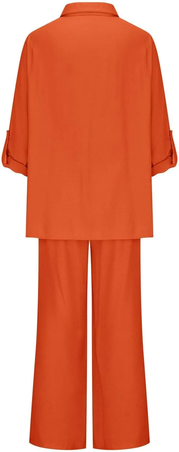 Linen 2 Piece Sets For Women Summer 2024 Loose Long Sleeve Shirts Wide Leg Pant Matching Set Plus Size Vacation Outfits