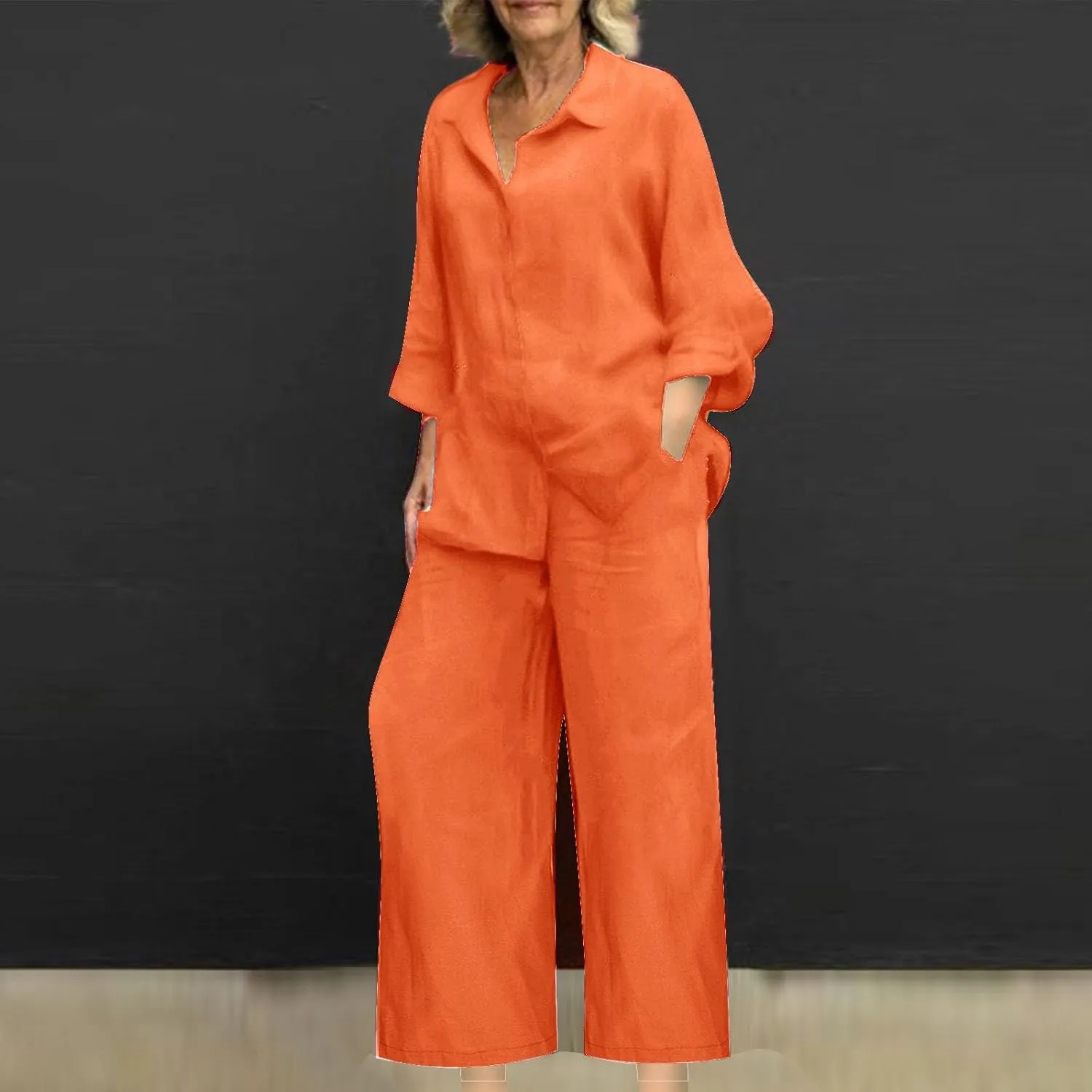 Linen 2 Piece Sets For Women Summer 2024 Loose Long Sleeve Shirts Wide Leg Pant Matching Set Plus Size Vacation Outfits