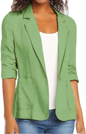 Linen Blazer Women 3/4 Sleeve Ruched Lined Suit Stretchy Lightweight Casual Dressy Work Summer Jackets with Pockets