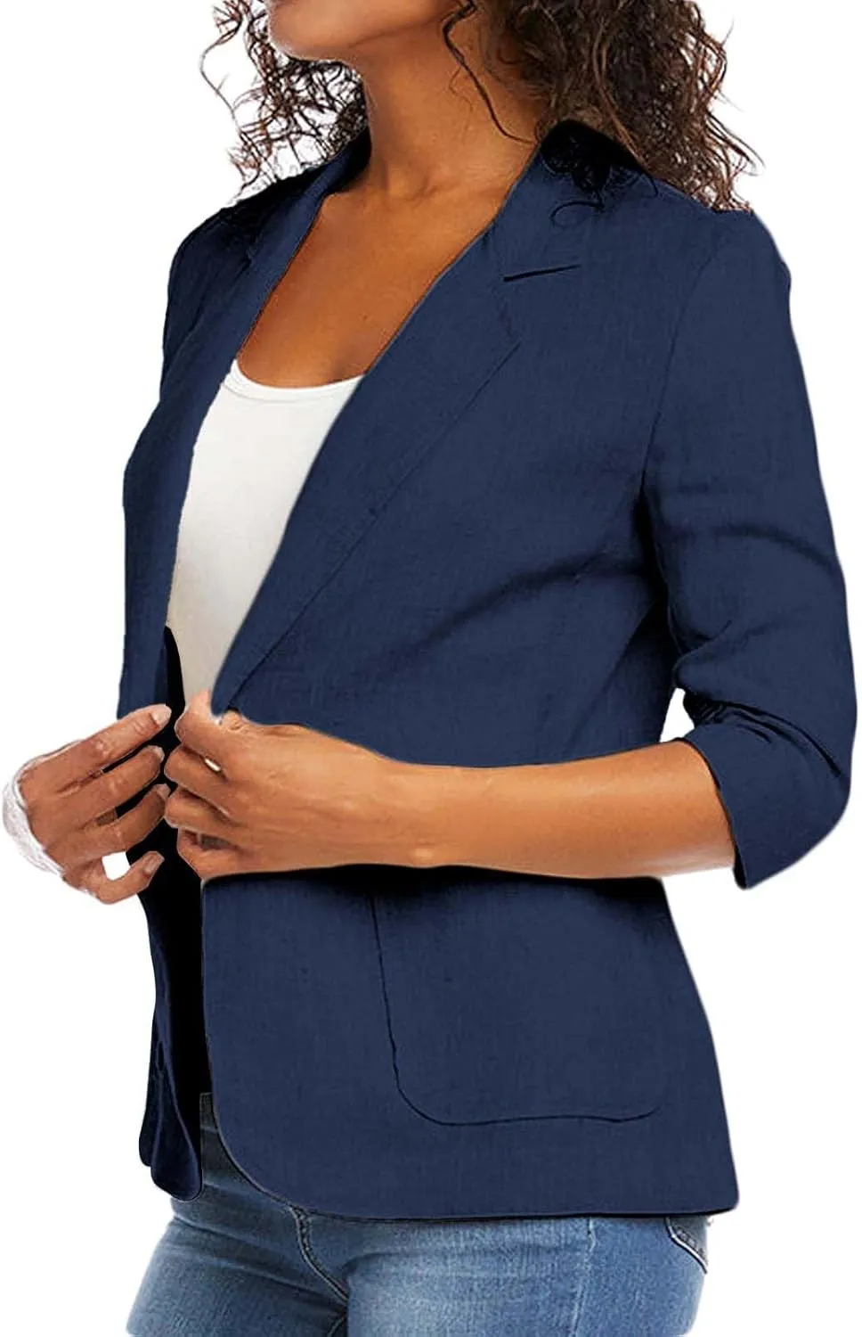 Linen Blazer Women 3/4 Sleeve Ruched Lined Suit Stretchy Lightweight Casual Dressy Work Summer Jackets with Pockets