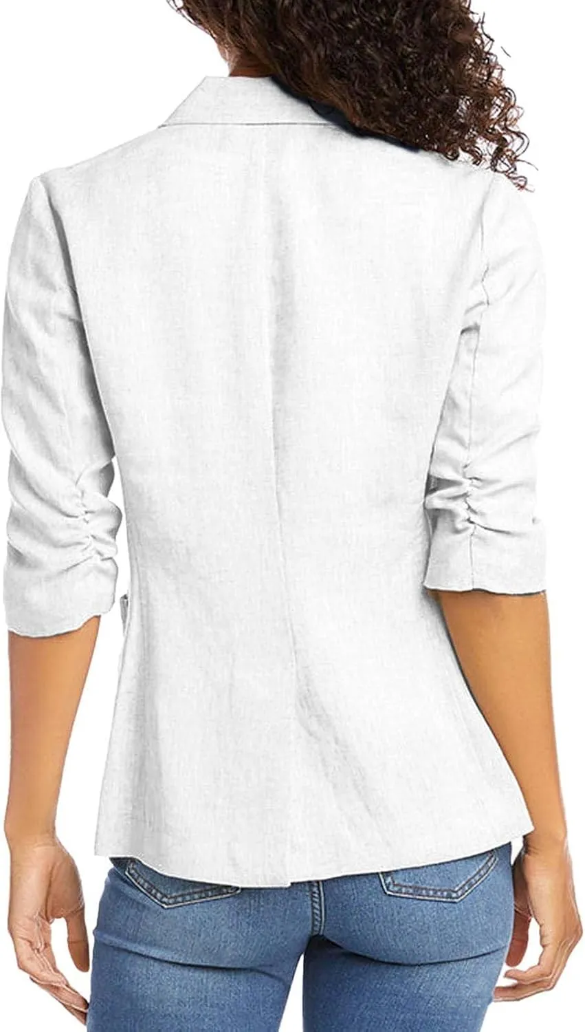 Linen Blazer Women 3/4 Sleeve Ruched Lined Suit Stretchy Lightweight Casual Dressy Work Summer Jackets with Pockets
