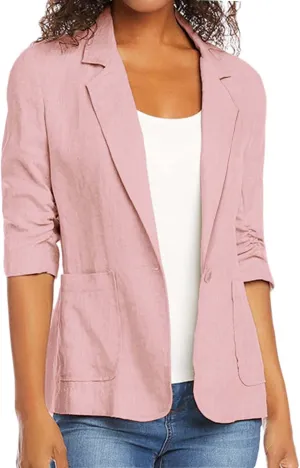 Linen Blazer Women 3/4 Sleeve Ruched Lined Suit Stretchy Lightweight Casual Dressy Work Summer Jackets with Pockets