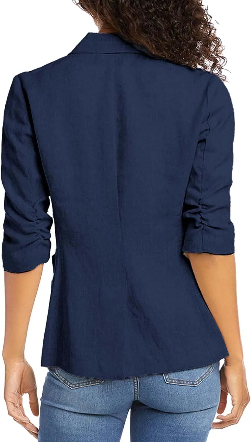 Linen Blazer Women 3/4 Sleeve Ruched Lined Suit Stretchy Lightweight Casual Dressy Work Summer Jackets with Pockets