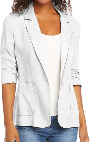 Linen Blazer Women 3/4 Sleeve Ruched Lined Suit Stretchy Lightweight Casual Dressy Work Summer Jackets with Pockets
