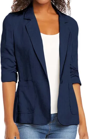 Linen Blazer Women 3/4 Sleeve Ruched Lined Suit Stretchy Lightweight Casual Dressy Work Summer Jackets with Pockets