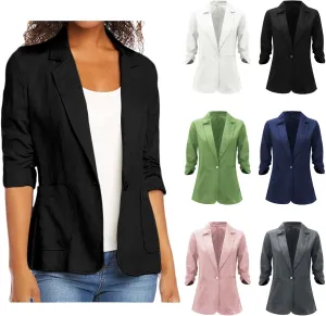 Linen Blazer Women 3/4 Sleeve Ruched Lined Suit Stretchy Lightweight Casual Dressy Work Summer Jackets with Pockets