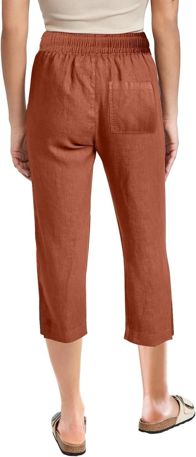 Linen Pants for Women 2025 Cotton Linen Elastic Seven Pants Beach Casual Pants Linen Trousers with Side Pockets