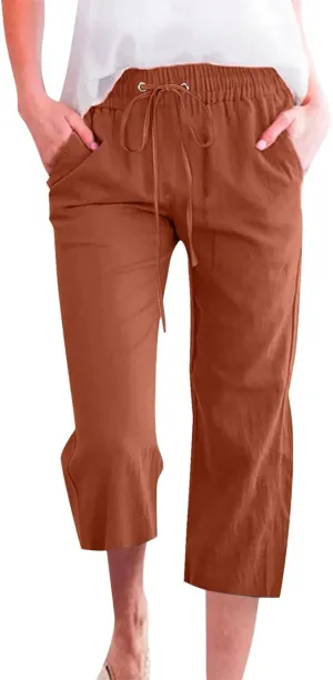 Linen Pants for Women 2025 Cotton Linen Elastic Seven Pants Beach Casual Pants Linen Trousers with Side Pockets