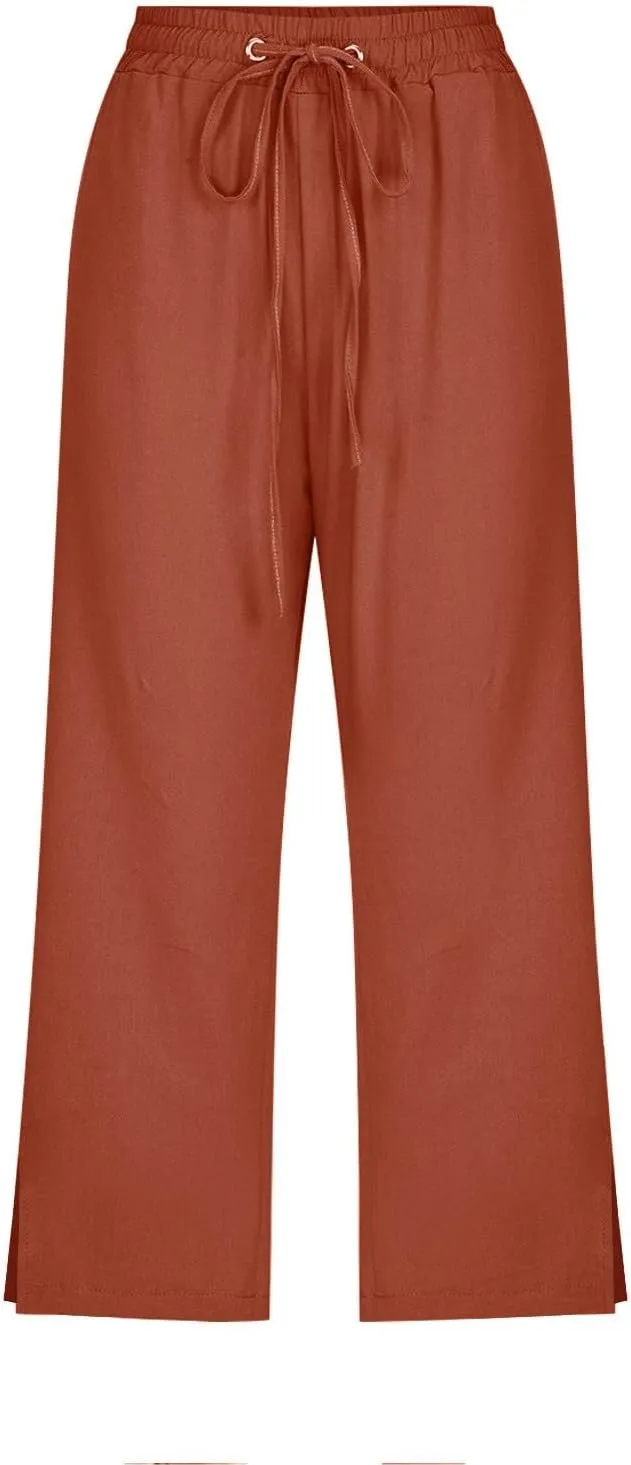 Linen Pants for Women 2025 Cotton Linen Elastic Seven Pants Beach Casual Pants Linen Trousers with Side Pockets