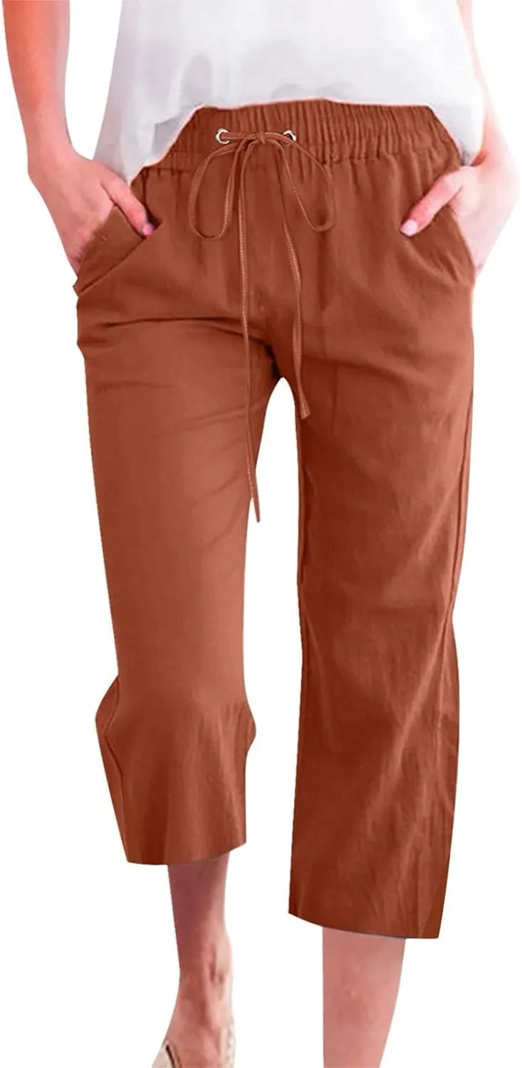 Linen Pants for Women 2025 Cotton Linen Elastic Seven Pants Beach Casual Pants Linen Trousers with Side Pockets