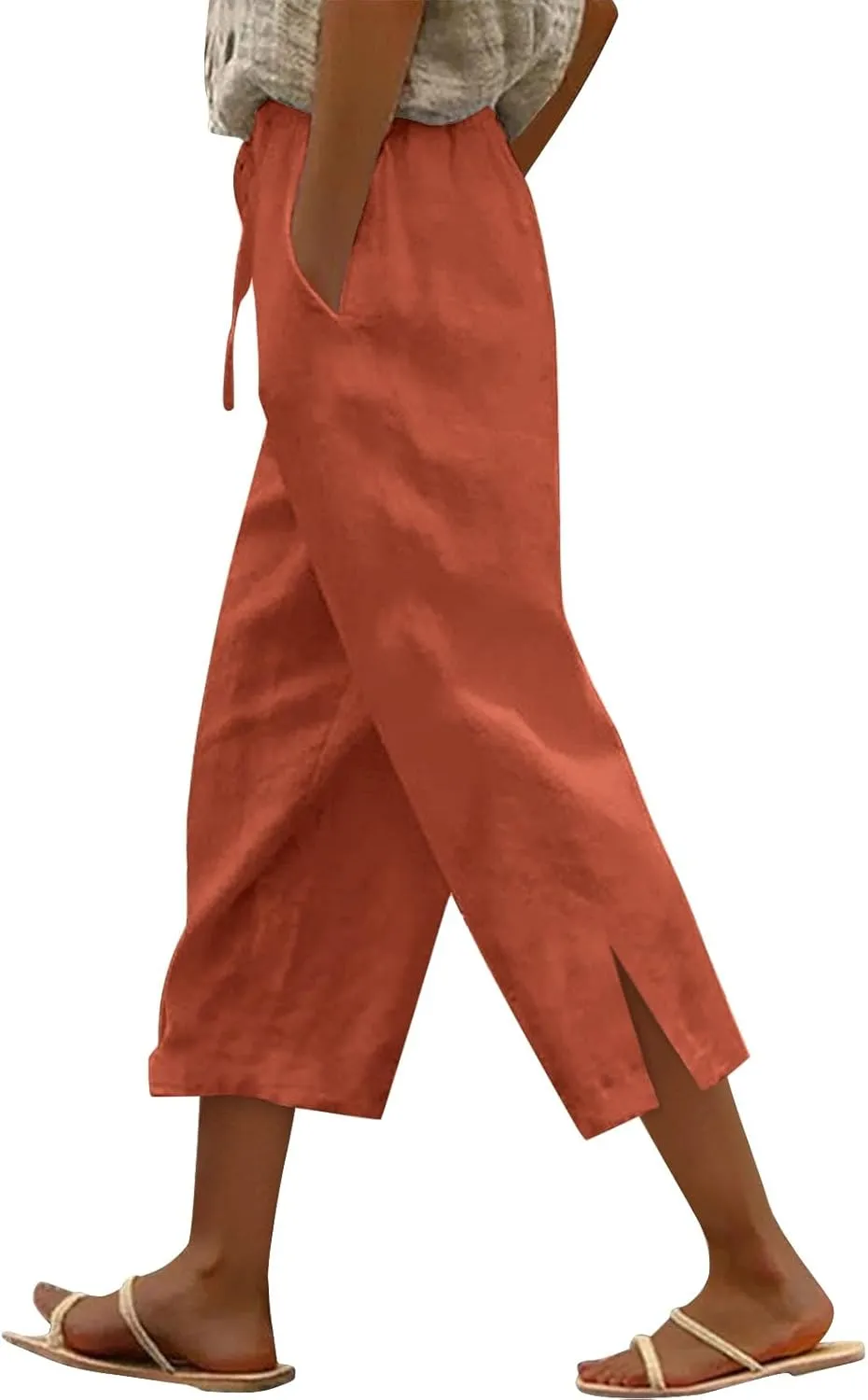 Linen Pants for Women 2025 Cotton Linen Elastic Seven Pants Beach Casual Pants Linen Trousers with Side Pockets