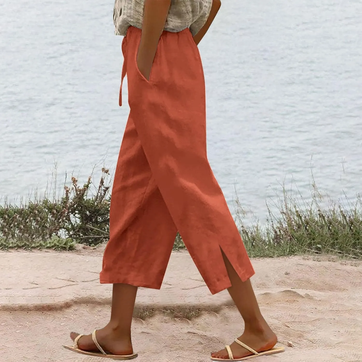 Linen Pants for Women 2025 Cotton Linen Elastic Seven Pants Beach Casual Pants Linen Trousers with Side Pockets