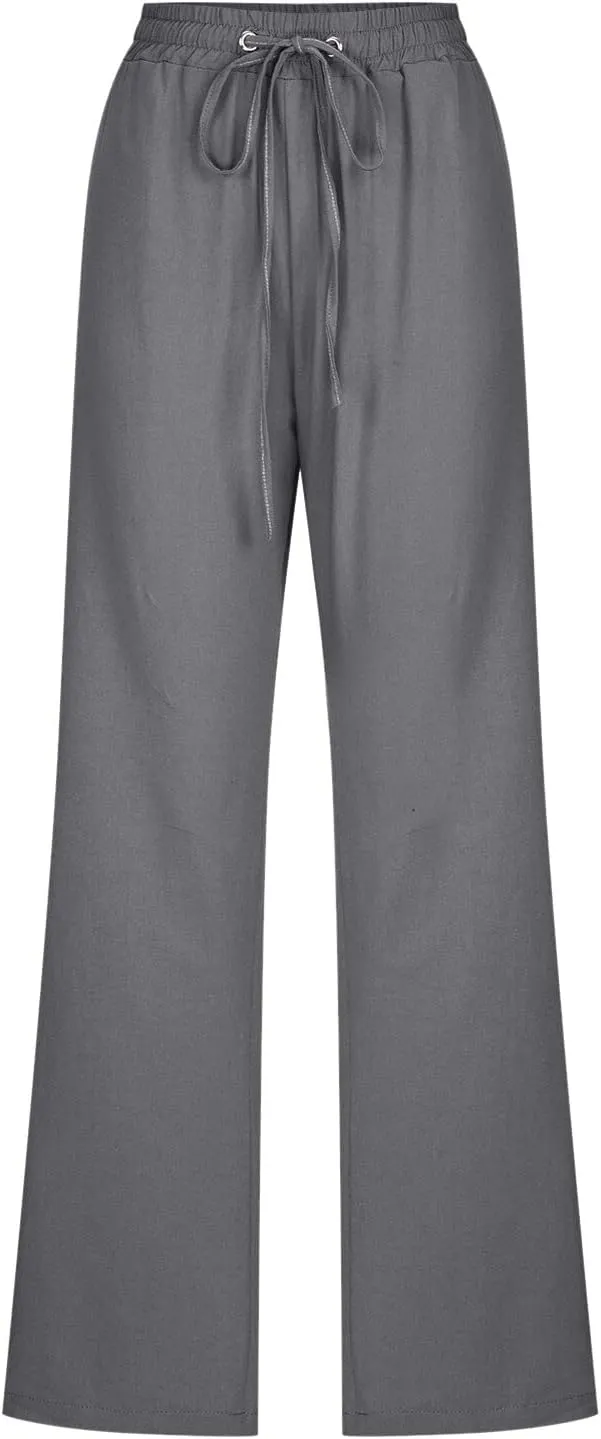 Linen Pants Women Summer Wide Leg Beach Trousers Elastic Waist Lightweight Cotton Blend Palazzo Pants