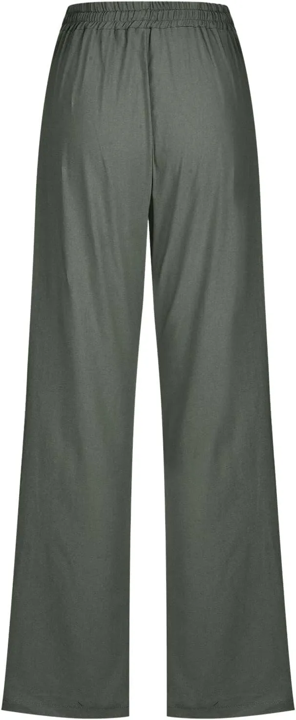 Linen Pants Women Summer Wide Leg Beach Trousers Elastic Waist Lightweight Cotton Blend Palazzo Pants